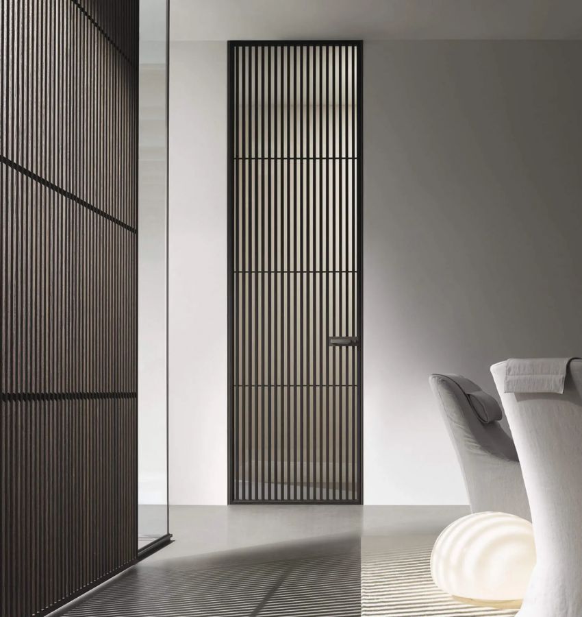 Структура, цвет 19 rovere termotrattato, стекло, цвет 67 riflettente chiaro, дверные косяки и ручка 303 bronzo