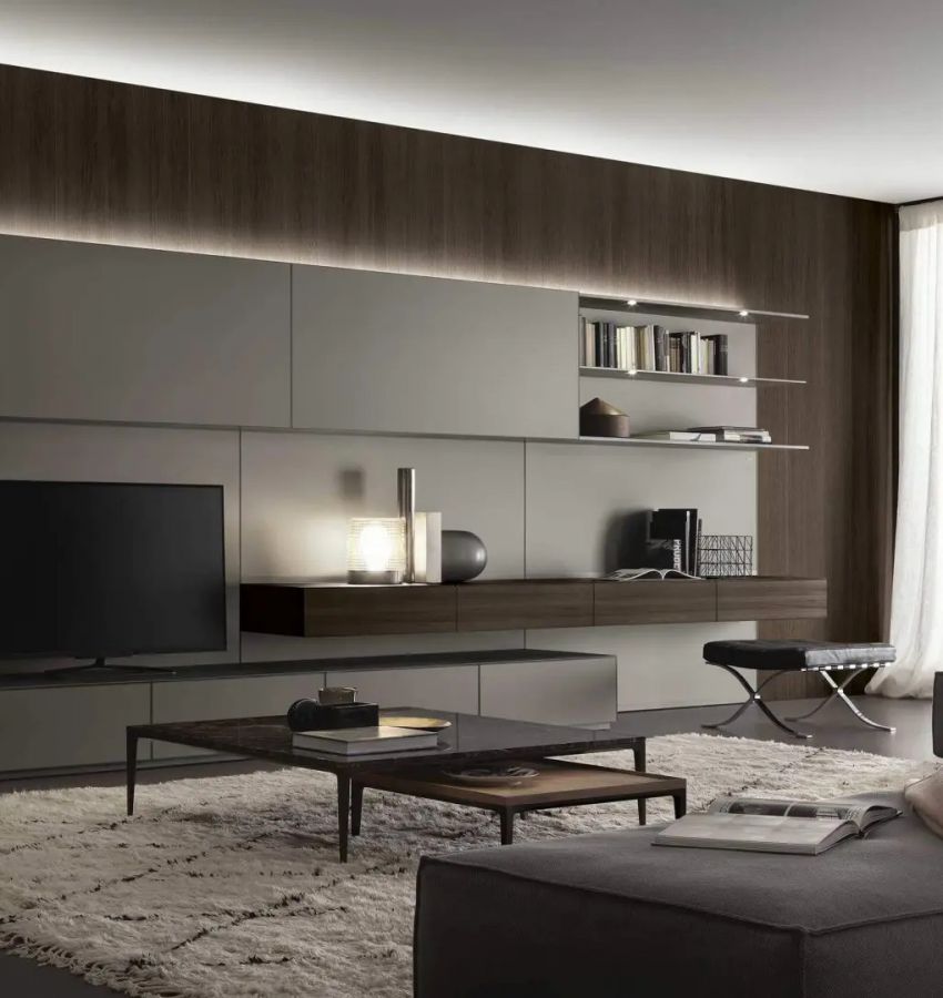 Структура, цвет 83 piombo, стекло, цвет 127 piombo opaco, подвесные модули - цвет 19 rovere termotrattato. Ш 6404 В 1989 Г 655