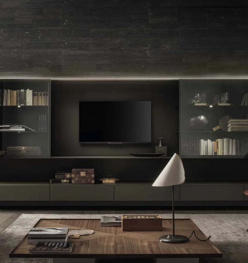 Структура, цвет 84 moro, 128 moro opaco, дверцы - 63 grigio trasparente. Ш 6404 В 1664 Г 505