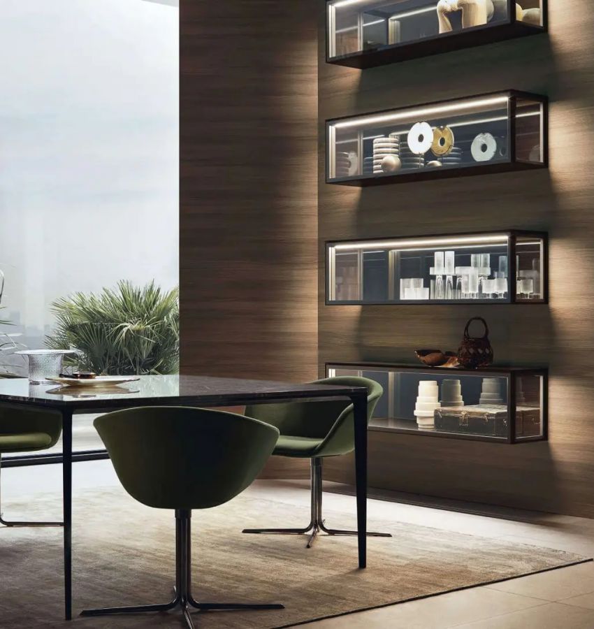 Подвешенный стеклянный шкаф Alambra с откидными дверцами, каркасом цвета «bronzo», дверцами, боковыми и верхними панелями из прозрачного отражающего стекла, внутренней части верха из глянцевого лакированного стекла цвета «bronzo»