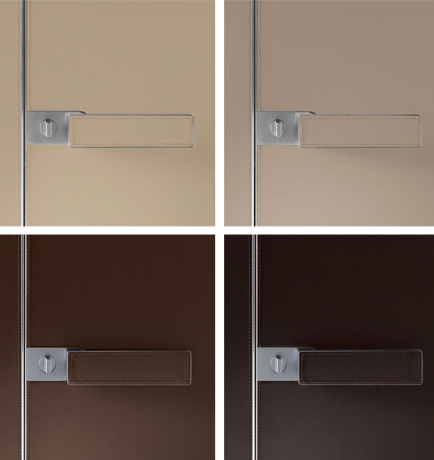 Ручка из литого под давлением алюминия с кожаной вставкой заподлицо того же цвета и магнитным замком с собачкой.