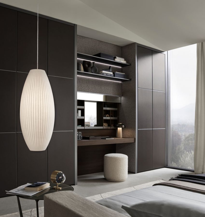 Структура 83 piombo; верхняя задняя панель и отсек для хранения 19 rovere termotrattato; ткань и задняя панель T019 papiro, внутреннее зеркало и раздвижная дверь 55 specchio